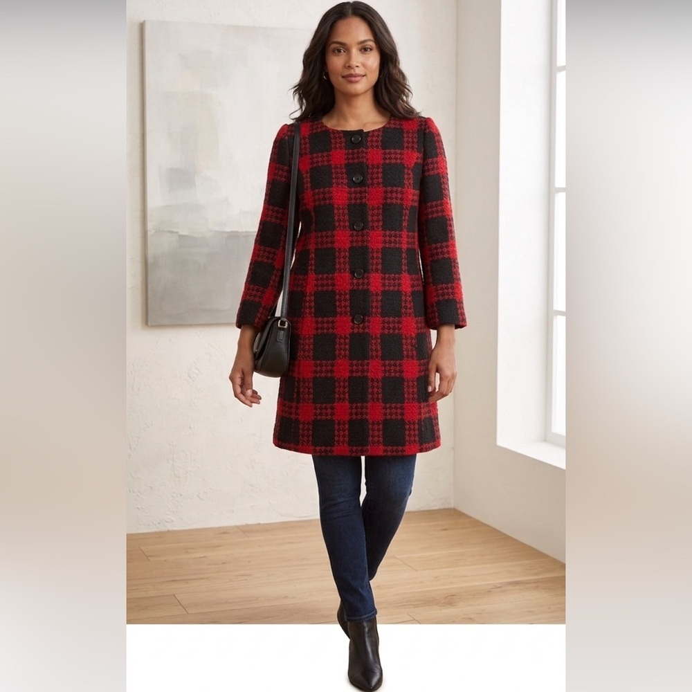 ANN TAYLOR LOFT Red Black Plaid Tweed Coat Jacket Wool Blend Size 6